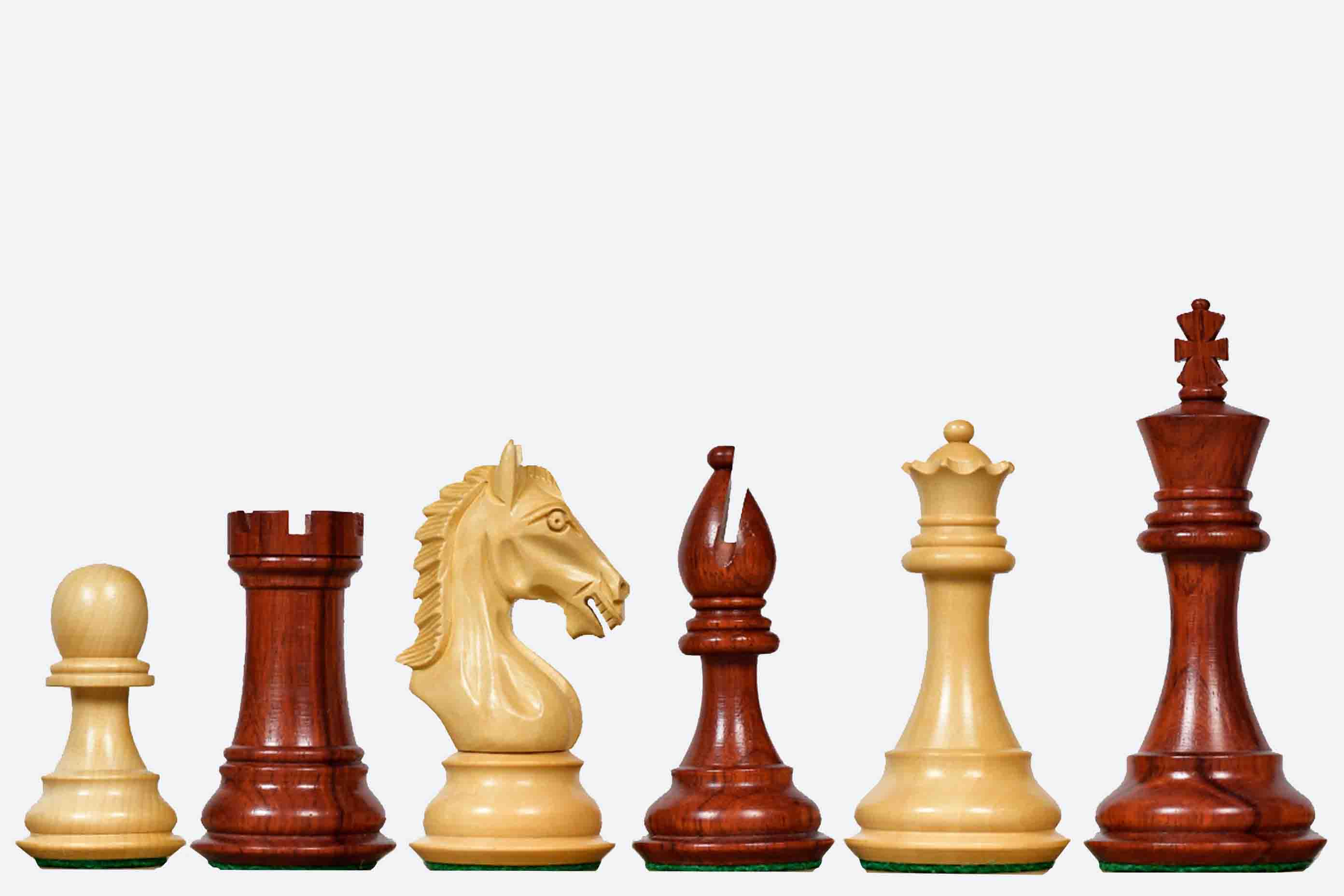 Sterling Chess Derby Knight chess pieces in bud rosewood and boxwood, 106mm king