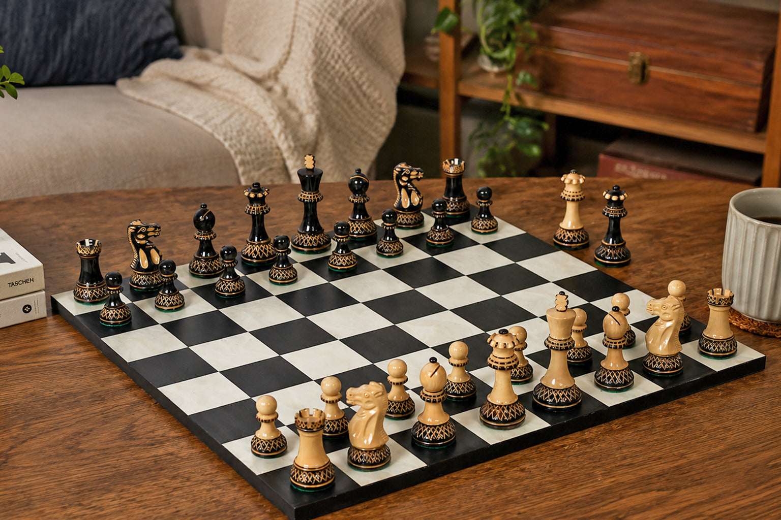 Knight carving detail on the Parker Staunton Lacquered chess pieces in burnt and natural boxwood