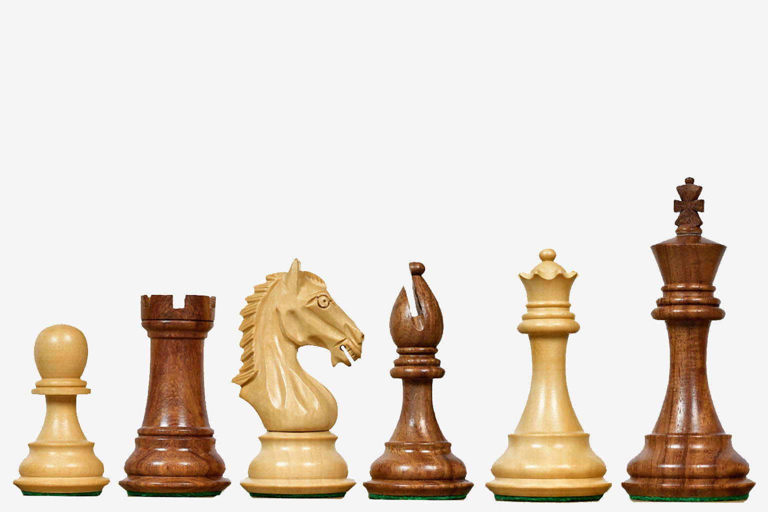 Sterling Chess Derby Knight chess pieces in sheesham and boxwood, 106mm king