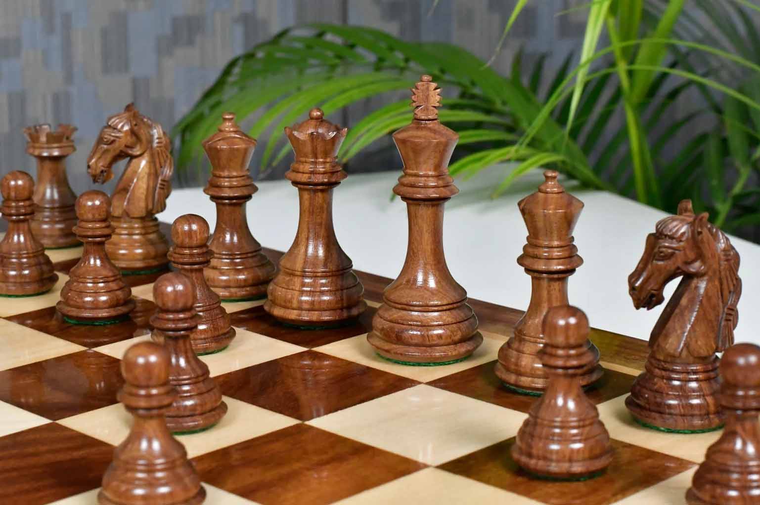 Sheesham and boxwood Colombian Staunton chess set on 55mm squares, Australia