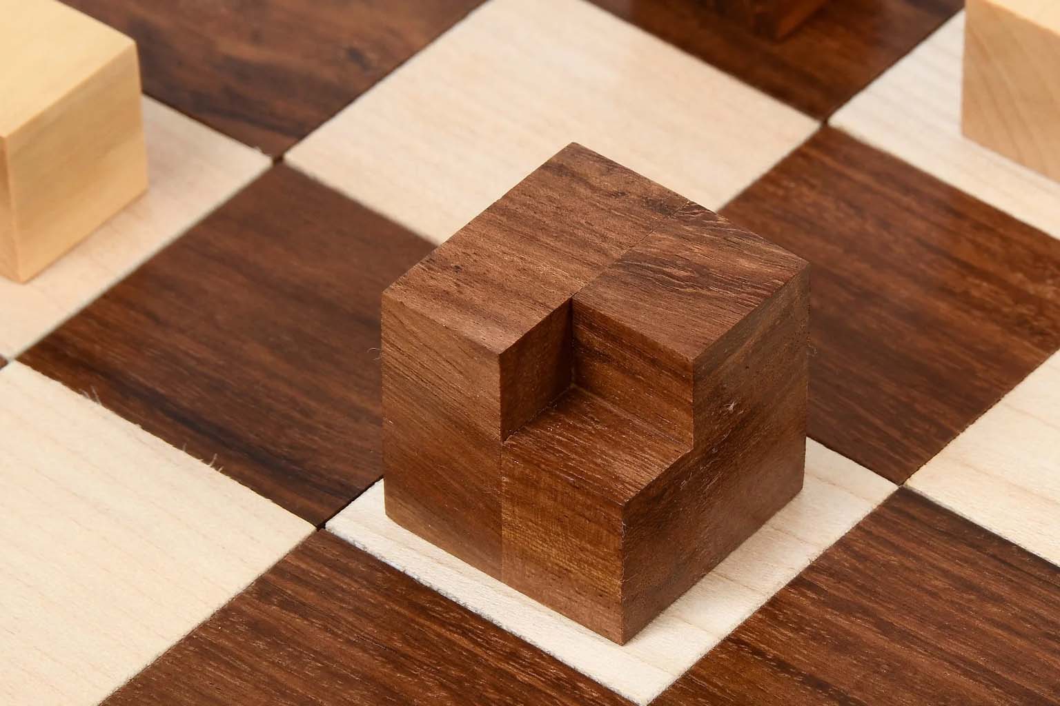Full 34 piece 1924 Bauhaus Geometrical chess set in sheesham and boxwood, Sterling Chess Australia