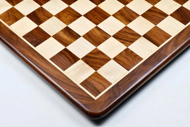 Player's Choice sheesham and maple 21 inch chess board from above