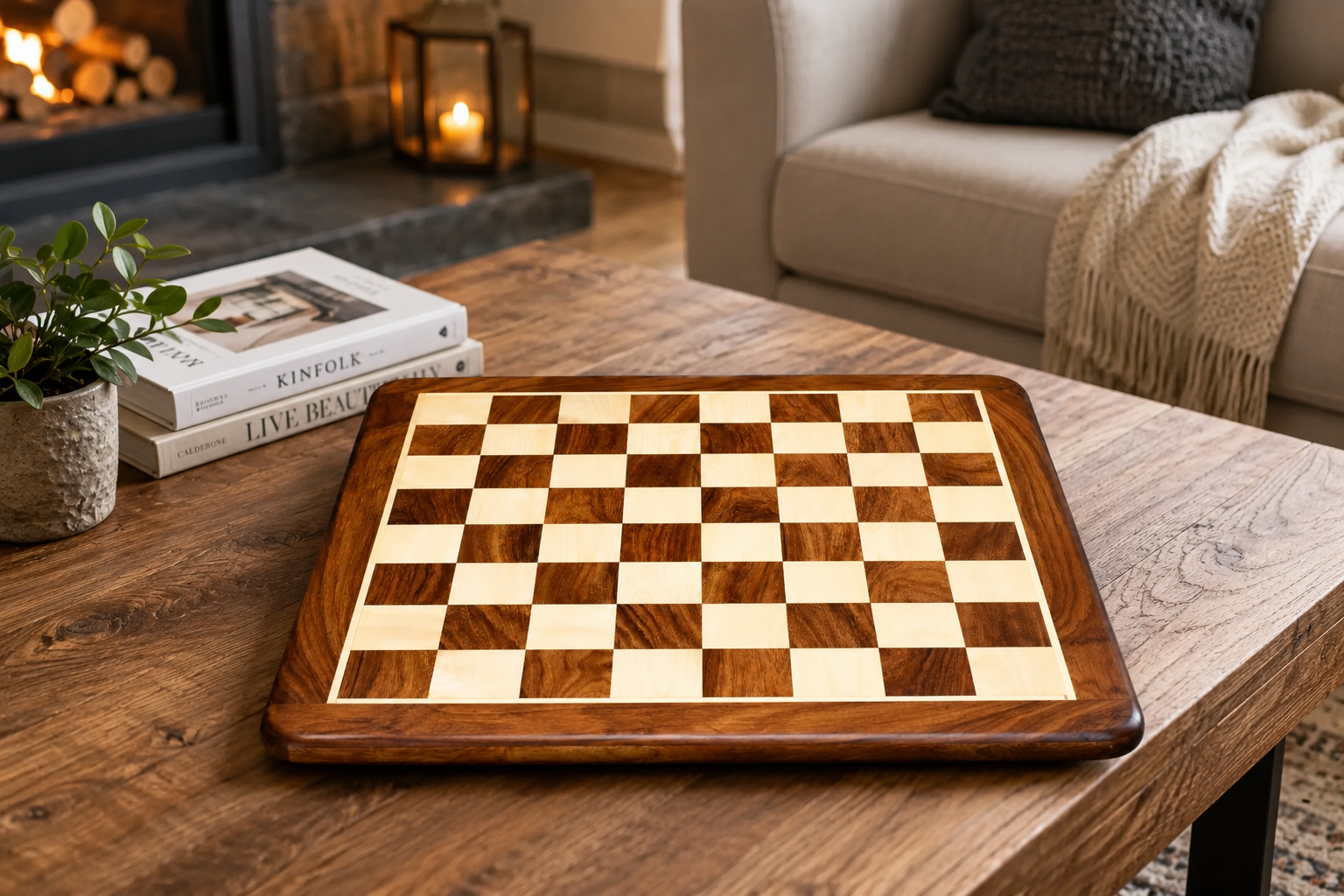 Sheesham and maple chess board, 48cm with 50mm squares