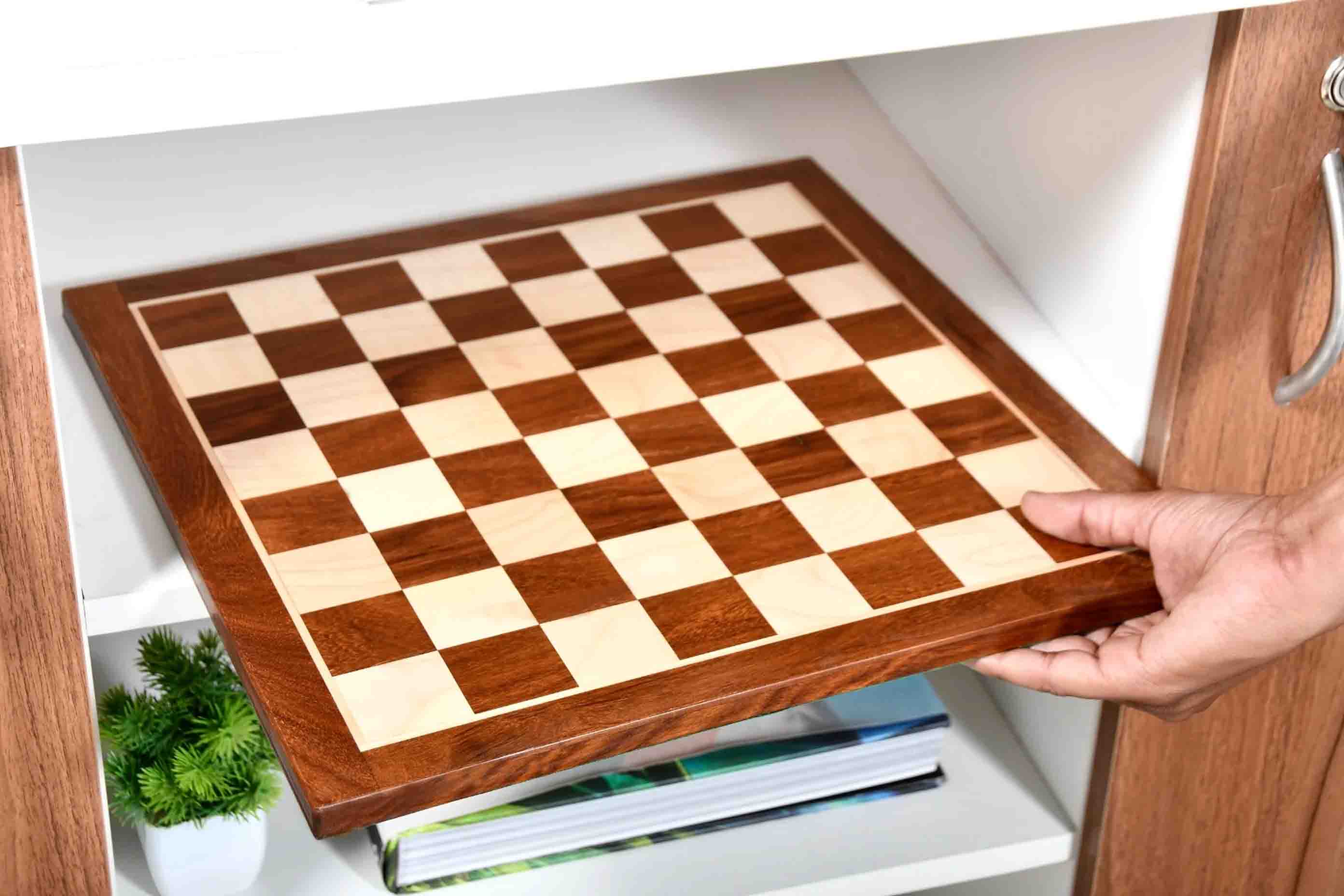 Sheesham and maple 14.5 inch chess board from above