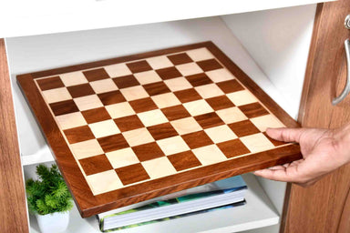 Sheesham and maple 14.5 inch chess board from above