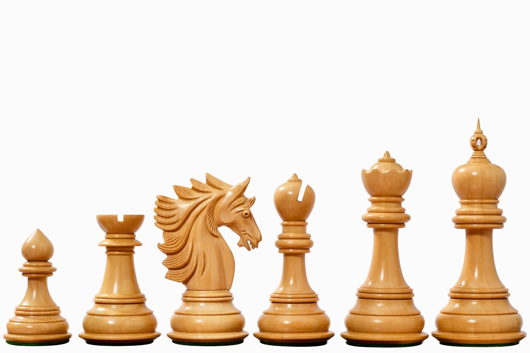 Bud rosewood chess pieces with a 117mm king and weighted felted bases