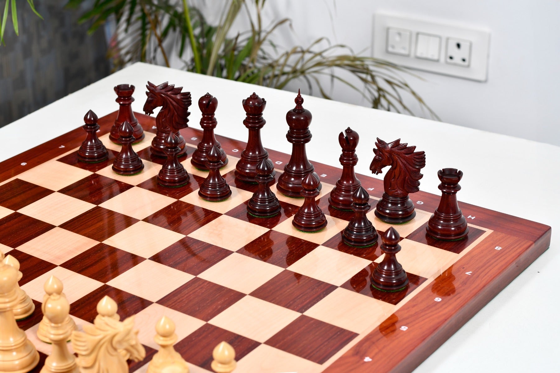 Knight carving detail on the Sher E Punjab Series chess pieces in bud rosewood and boxwood