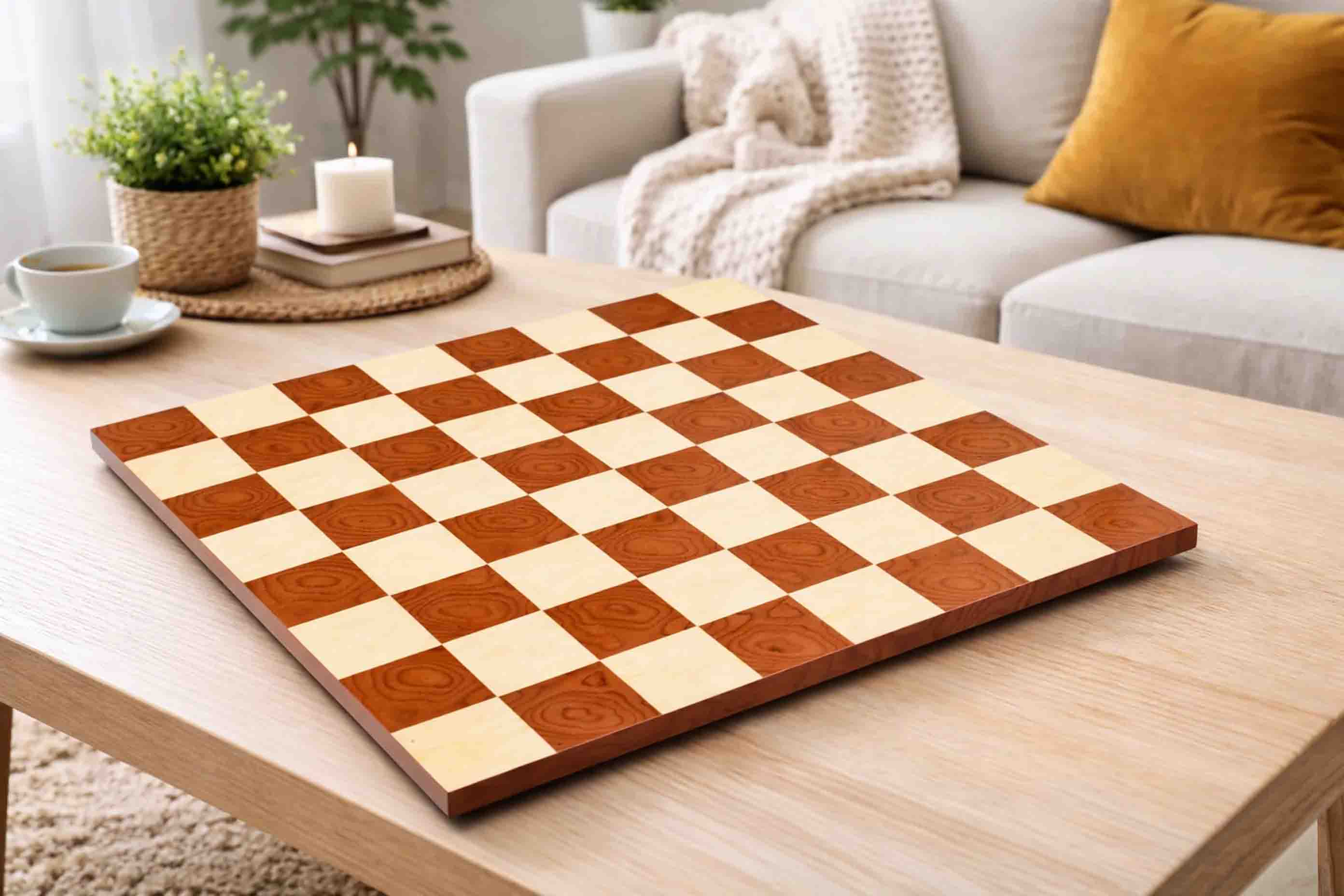 Minimalist borderless red ash burl and maple chess board, 48cm with 60mm squares
