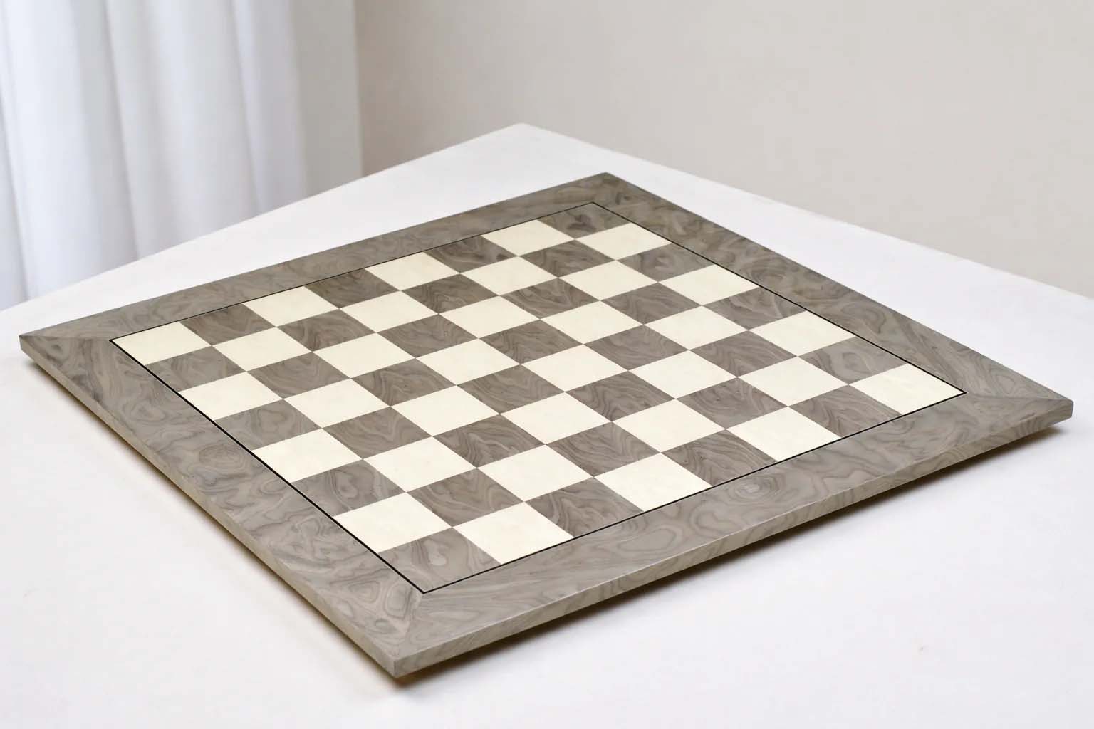 Grey ash burl and white erable chess board, 55cm with 55mm squares
