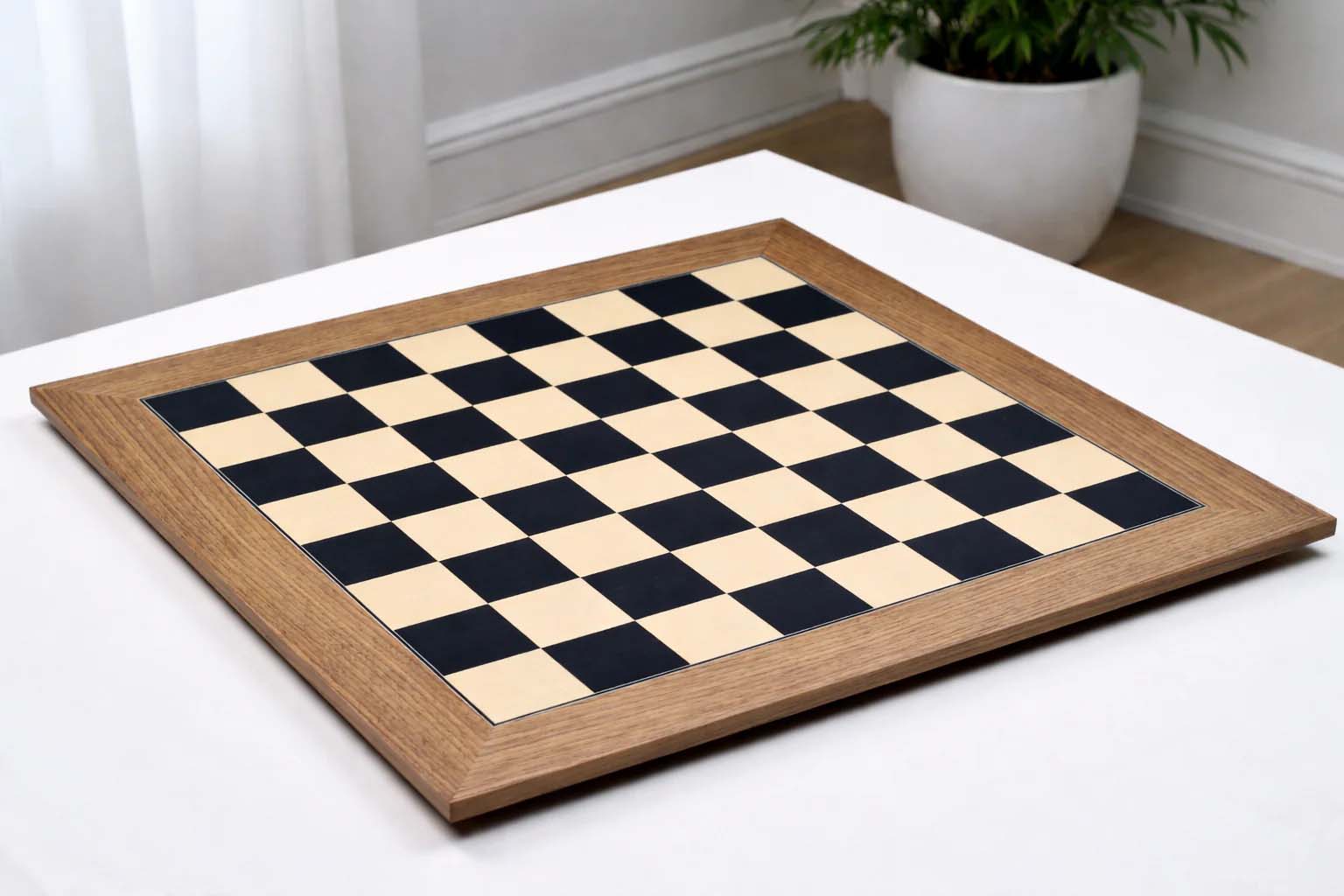 Black dyed poplar and sycamore veneer chess board, 60cm with 60mm squares