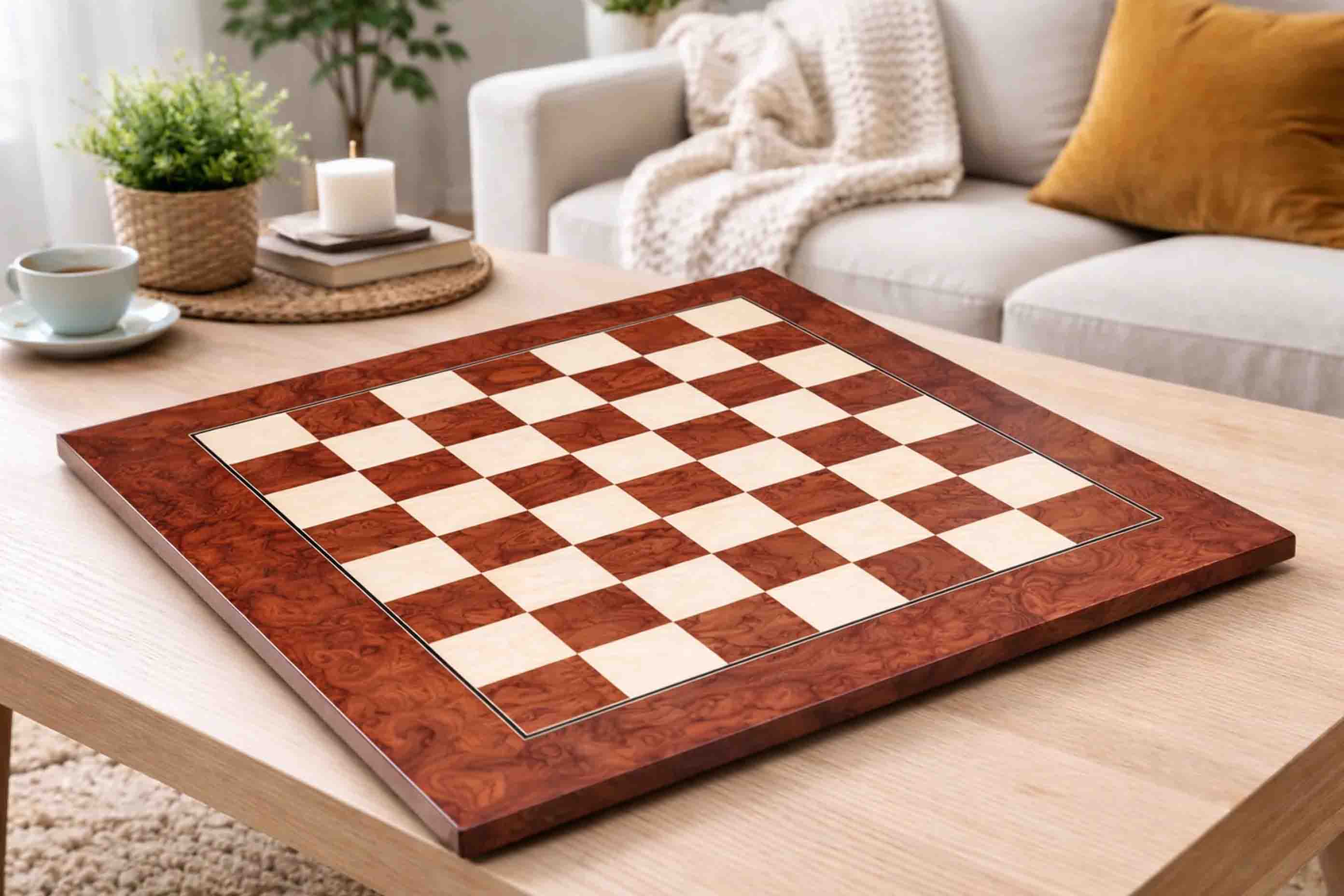 Red ash burl and maple chess board, 55cm with 55mm squares