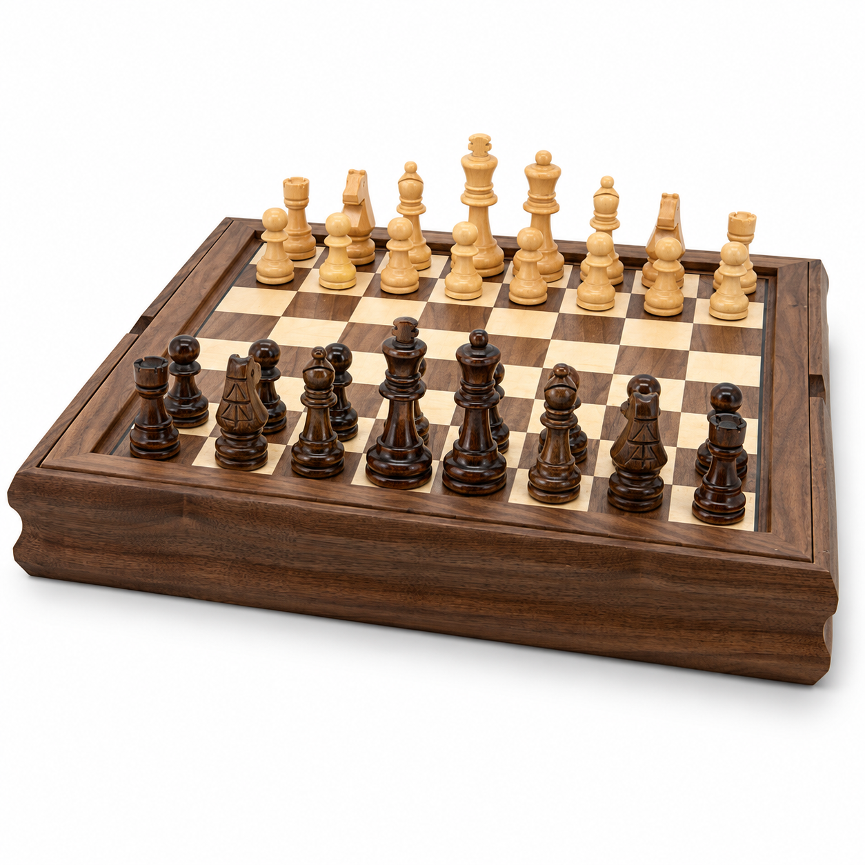 Dal Rossi Walnut 35cm 3-in-1 Chess, Checkers and Backgammon Set with chess pieces set up