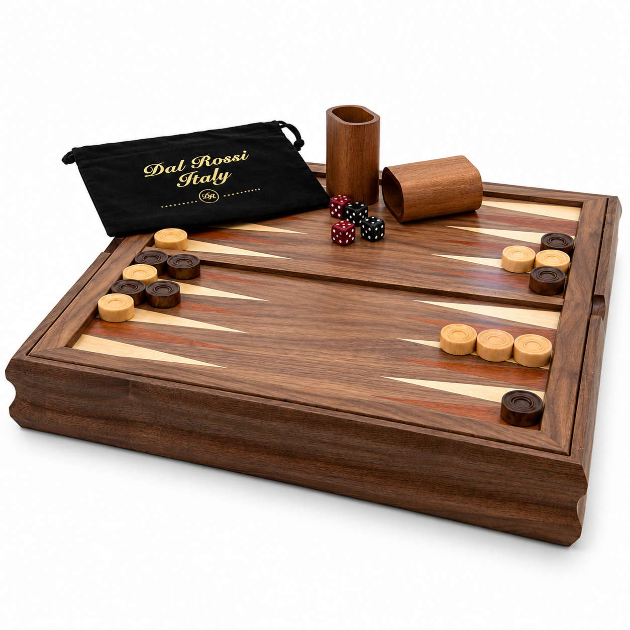 Dal Rossi flip-top walnut games board showing the backgammon side