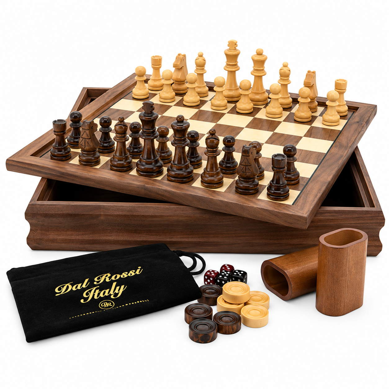 Dal Rossi 3-in-1 board storage compartment with chess pieces, checkers and dice