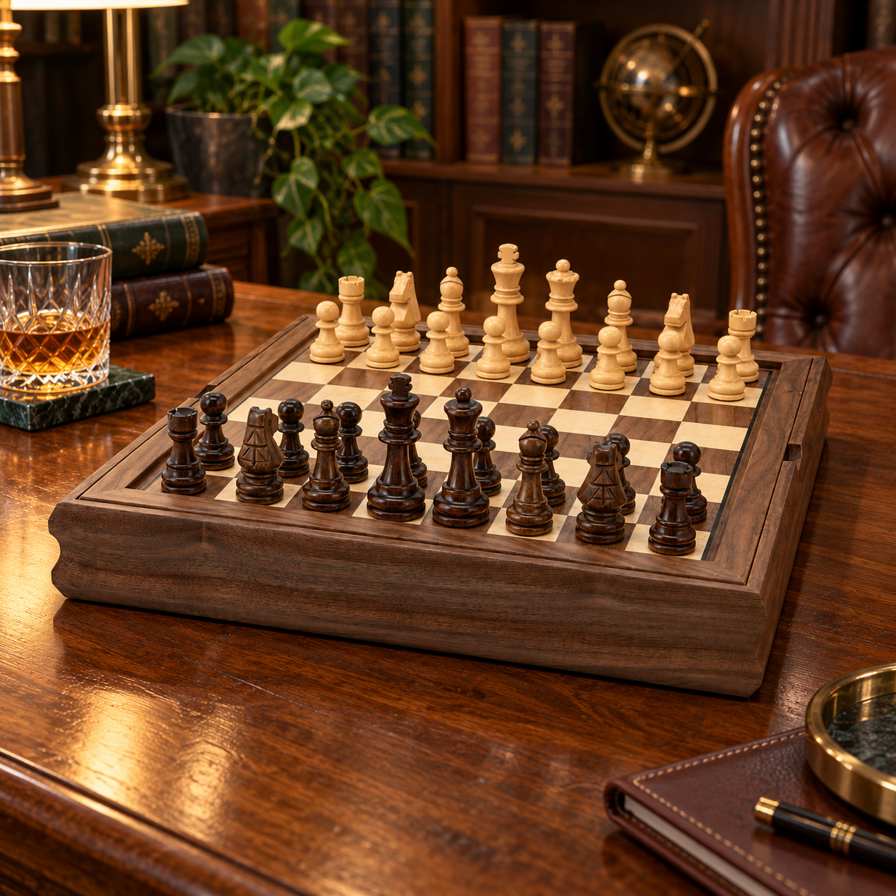 Dal Rossi walnut 35cm 3-in-1 chess, checkers and backgammon set with chess pieces set up
