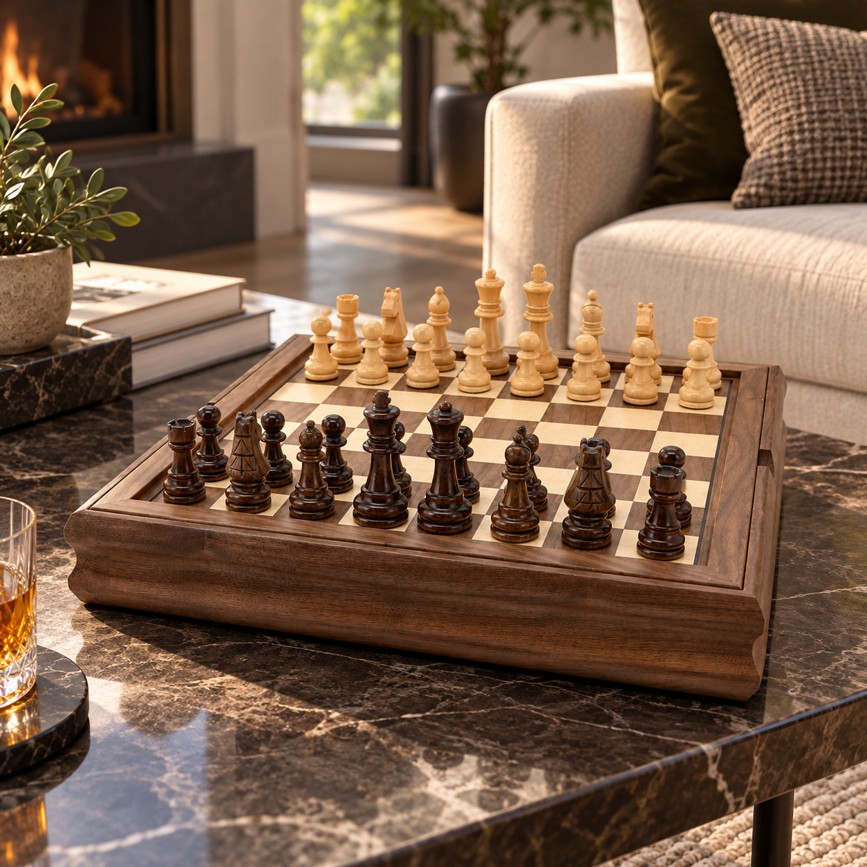Dal Rossi walnut finish 3-in-1 games board with 80mm king chess pieces