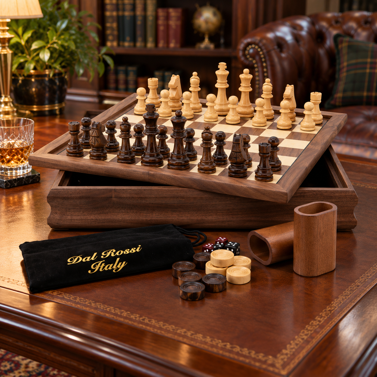 Dal Rossi 3-in-1 chess set on a study desk with the storage compartment, felt bag and checkers