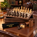 Dal Rossi 3-in-1 chess set on a study desk with the storage compartment, felt bag and checkers