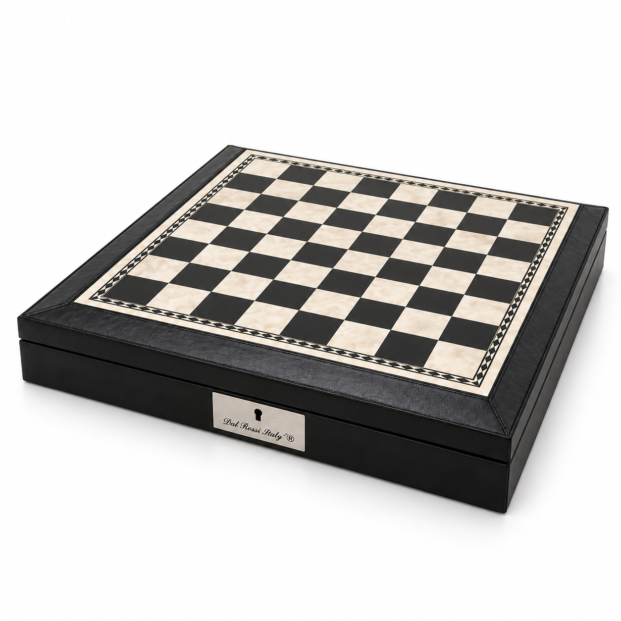 Dal Rossi black and white PU leather 40cm chess board with storage, front view with the Dal Rossi Italy plaque