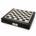 Dal Rossi black and white PU leather 40cm chess board with storage, front view with the Dal Rossi Italy plaque