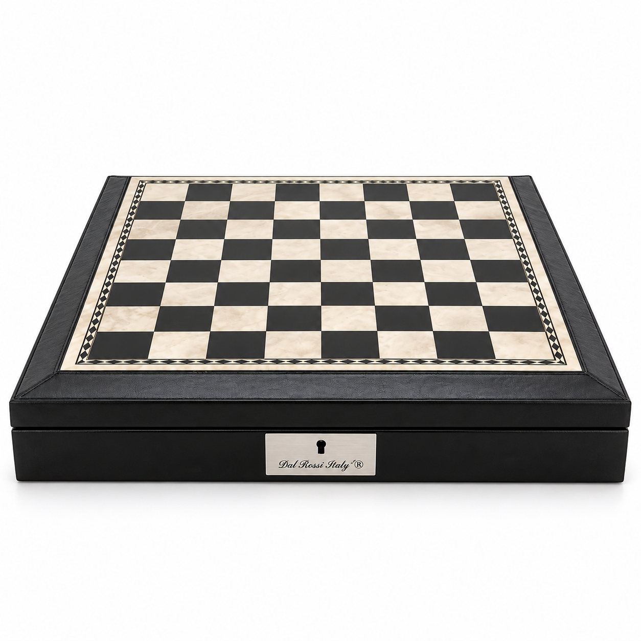 Dal Rossi 40cm chess board with black and cream squares framed by a bevelled PU leather edge