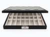 Dal Rossi black PU leather chess box with the hinged lid open showing the storage compartments