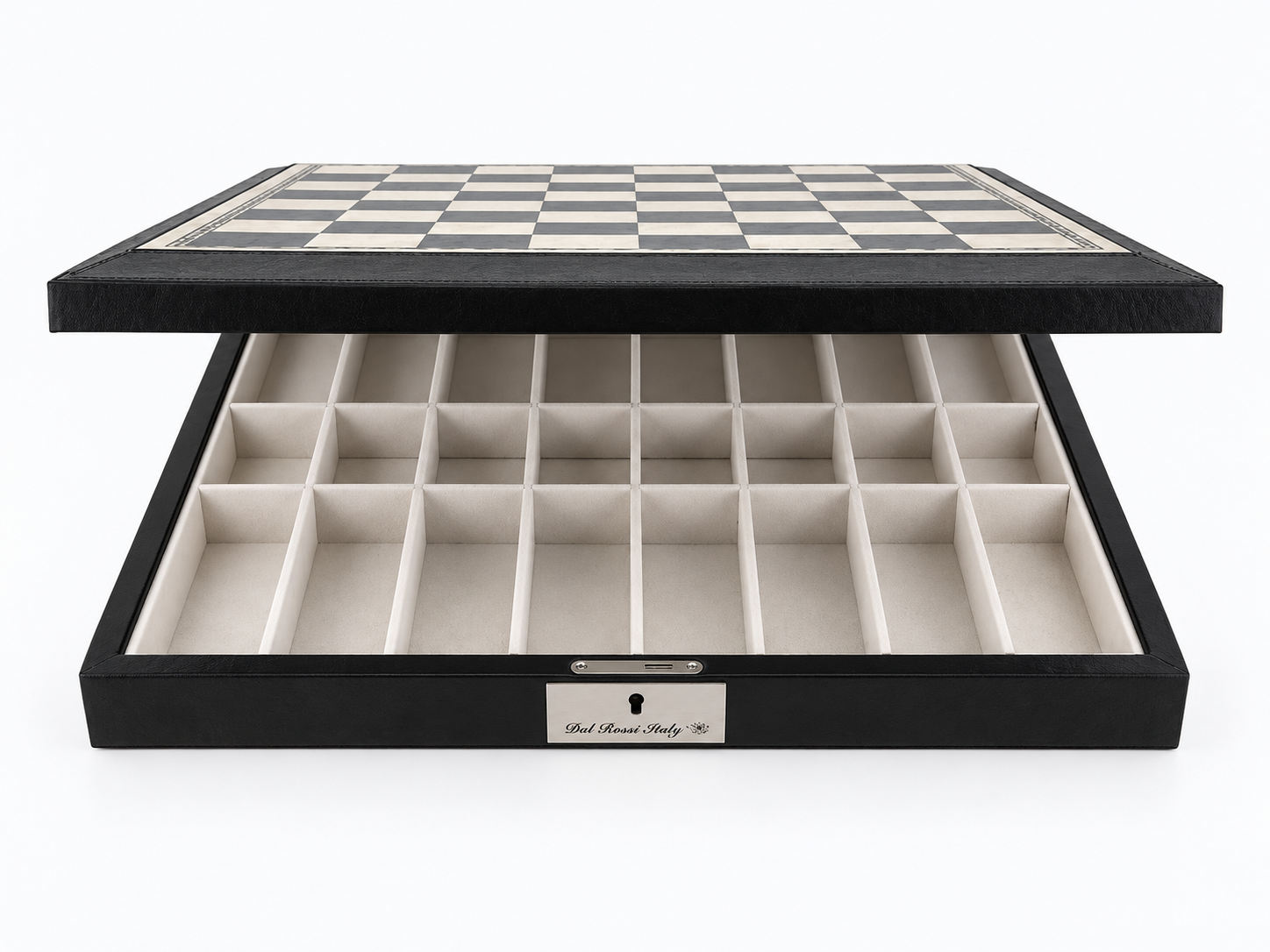 Dal Rossi black PU leather chess box with the hinged lid open showing the storage compartments