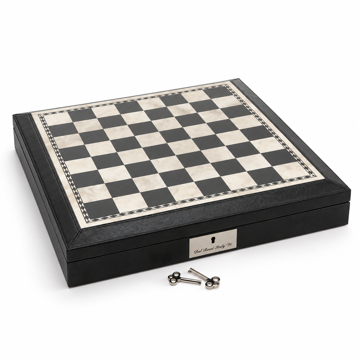 Dal Rossi black and white leather finish chess box with its two keys for the lock