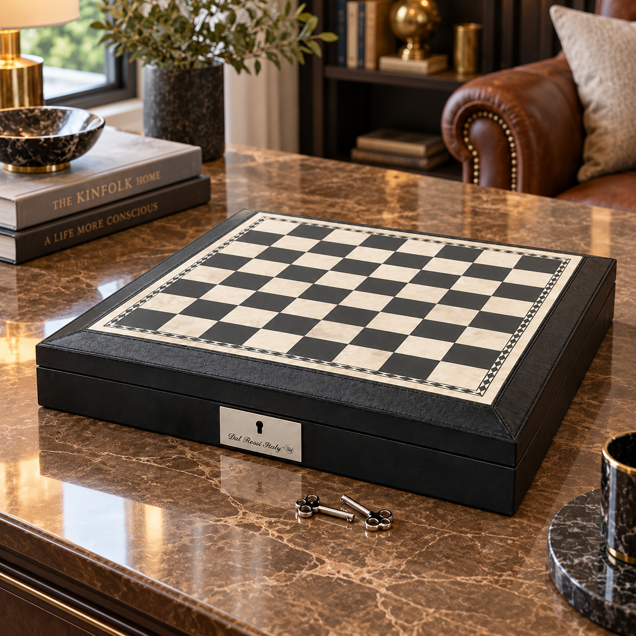 Dal Rossi PU leather 40cm chess board with storage on a marble table
