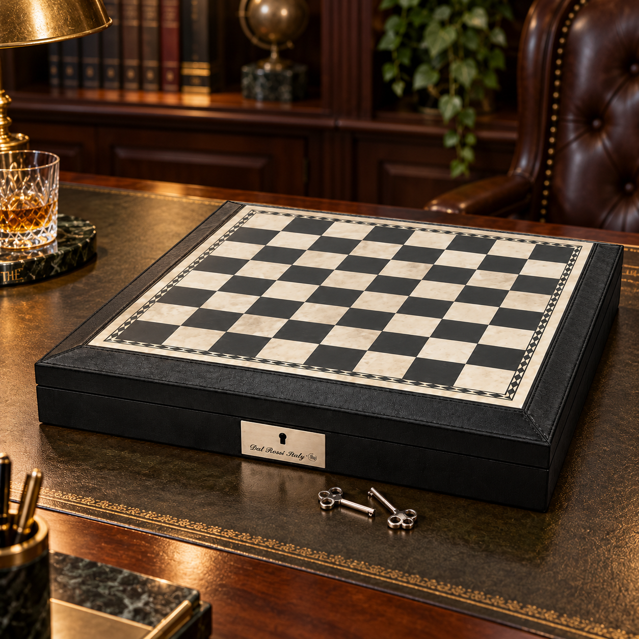 Dal Rossi black and white chess box on a leather-topped desk in a study