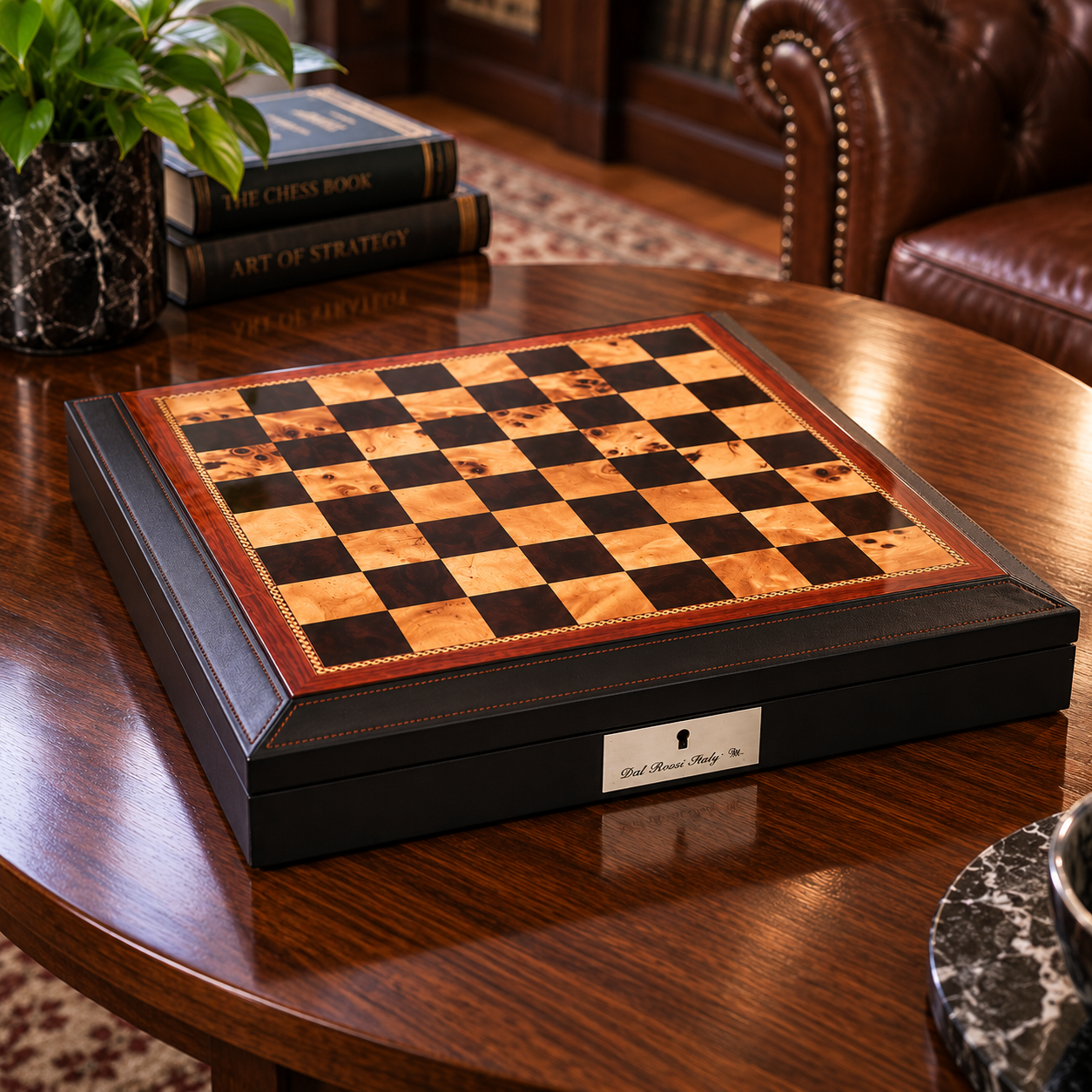 Dal Rossi Brown PU Leather Bevelled Edge 40cm Chess Board With Storage on a study coffee table
