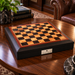 Dal Rossi Brown PU Leather Bevelled Edge 40cm Chess Board With Storage on a study coffee table