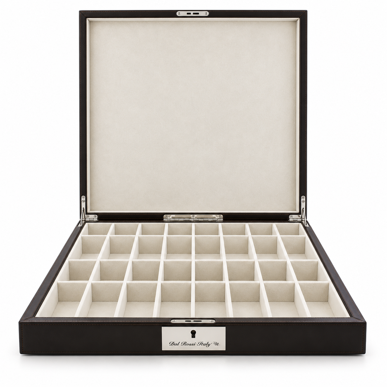 Dal Rossi brown PU leather chess box with the hinged lid open showing divided storage compartments