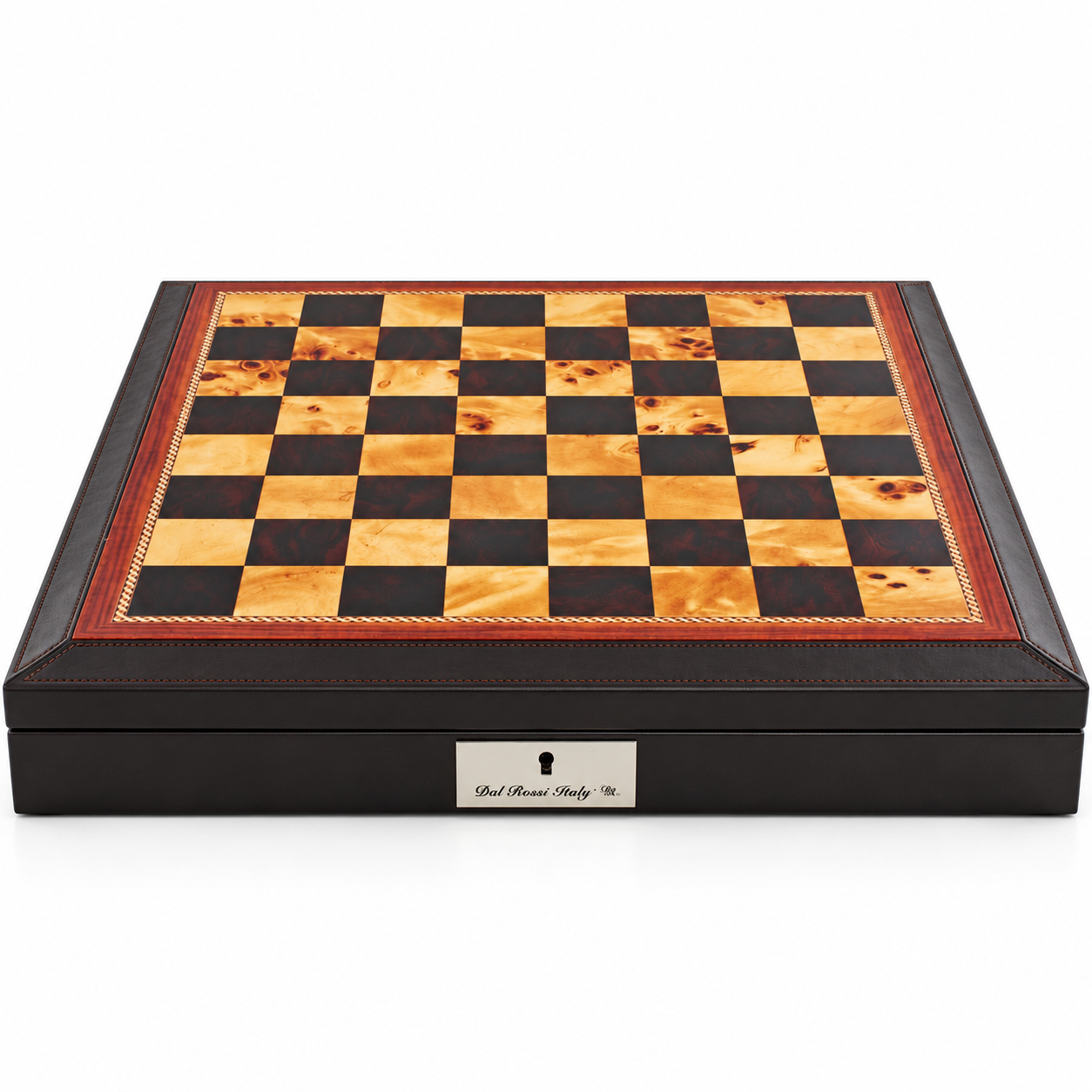 Front view of the Dal Rossi brown PU leather chess box showing the bevelled edge