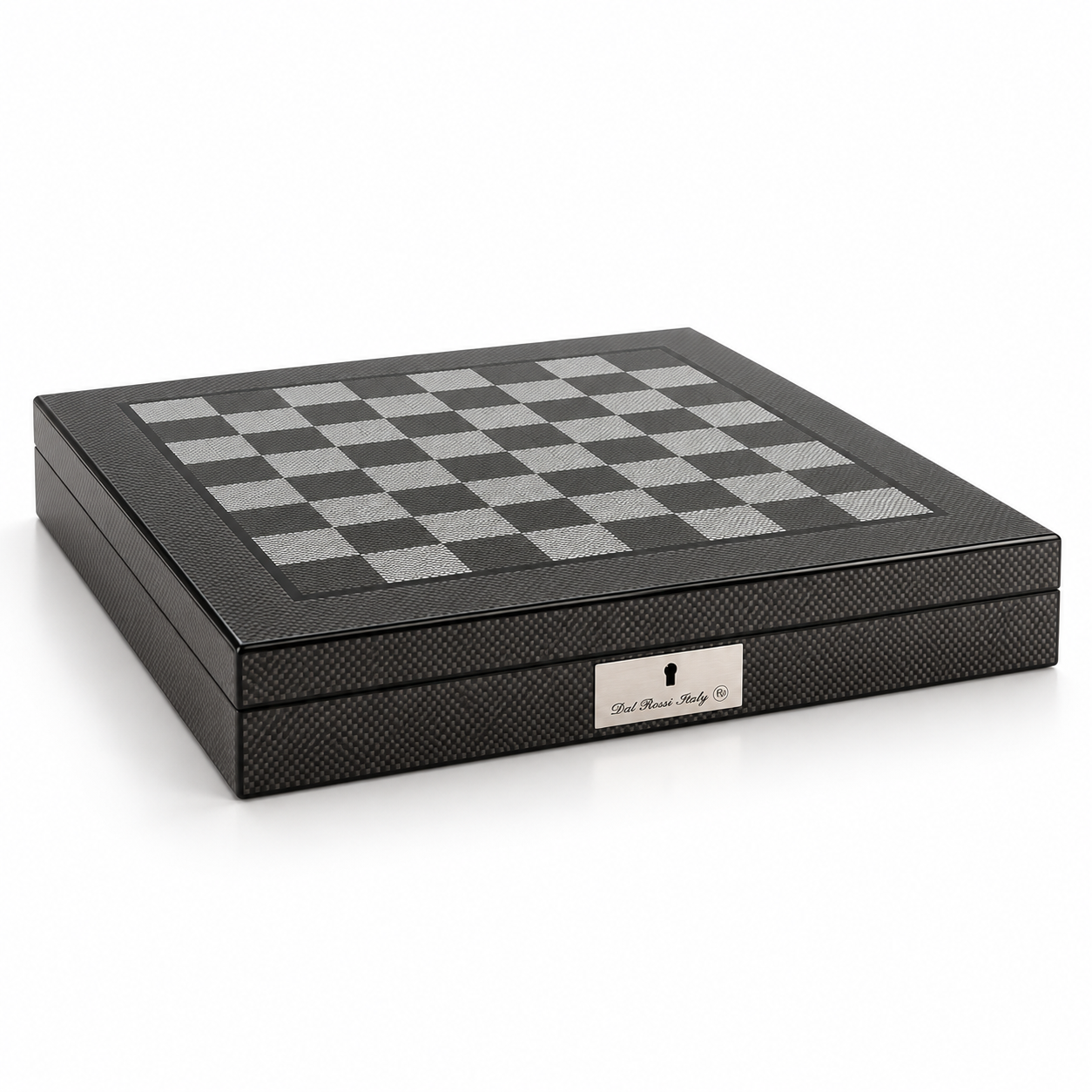 Dal Rossi carbon fibre finish 50cm chess board with storage, front view with the Dal Rossi Italy plaque