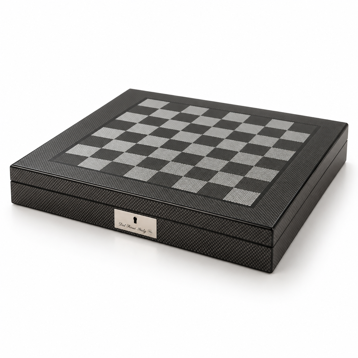 Dal Rossi carbon fibre chess box shown from a three-quarter angle