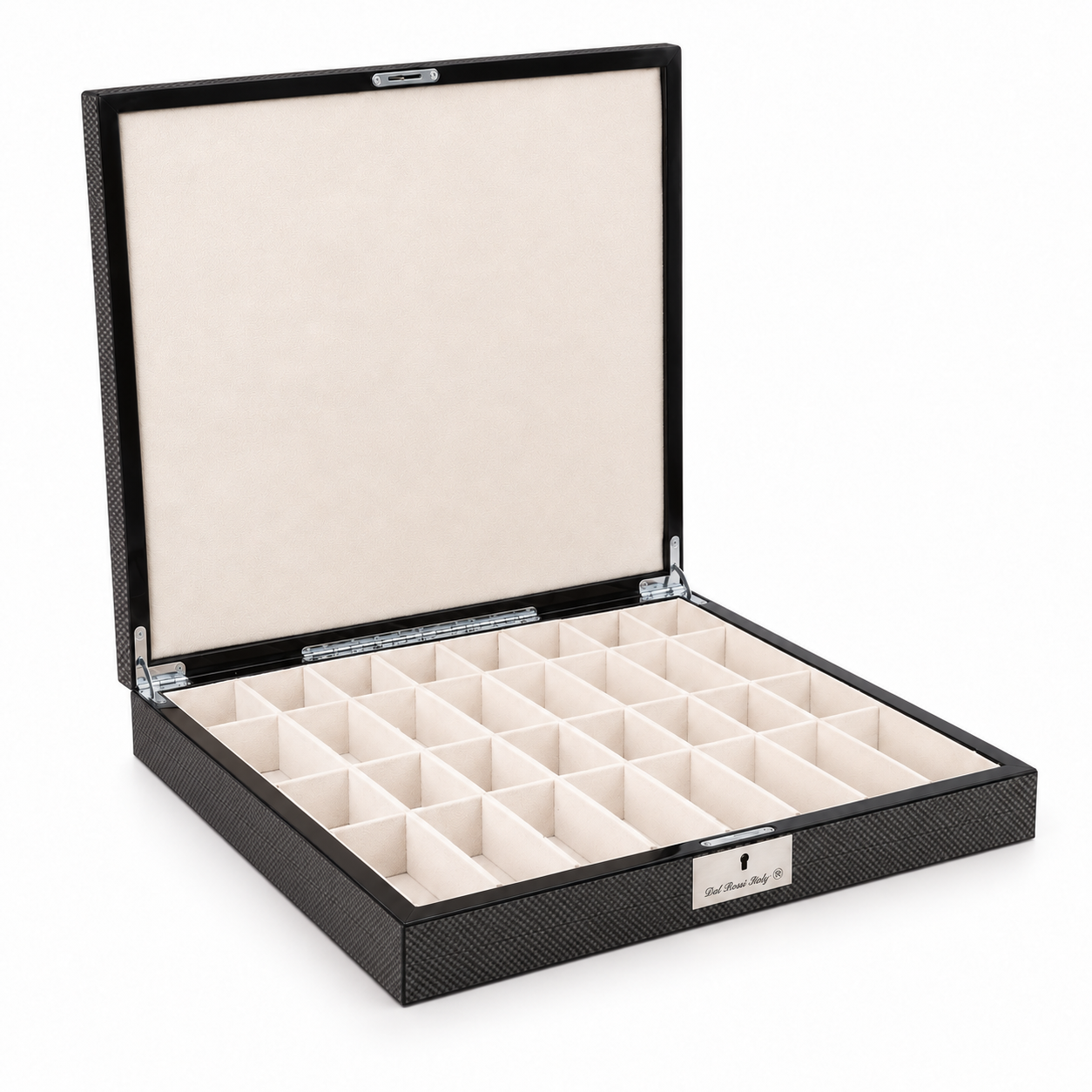 Dal Rossi carbon fibre chess box with the lid open showing the storage compartments