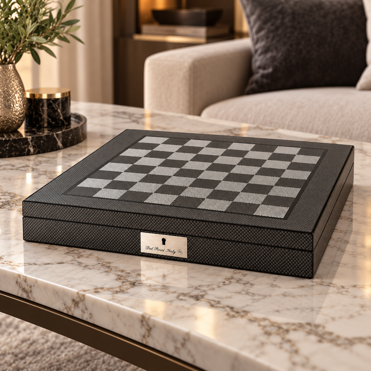 Dal Rossi carbon fibre 50cm chess box on a white marble table in a living room