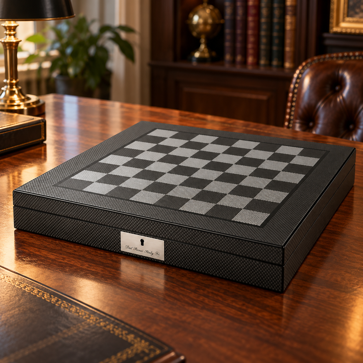 Dal Rossi carbon fibre chess board with storage on a timber desk in a study
