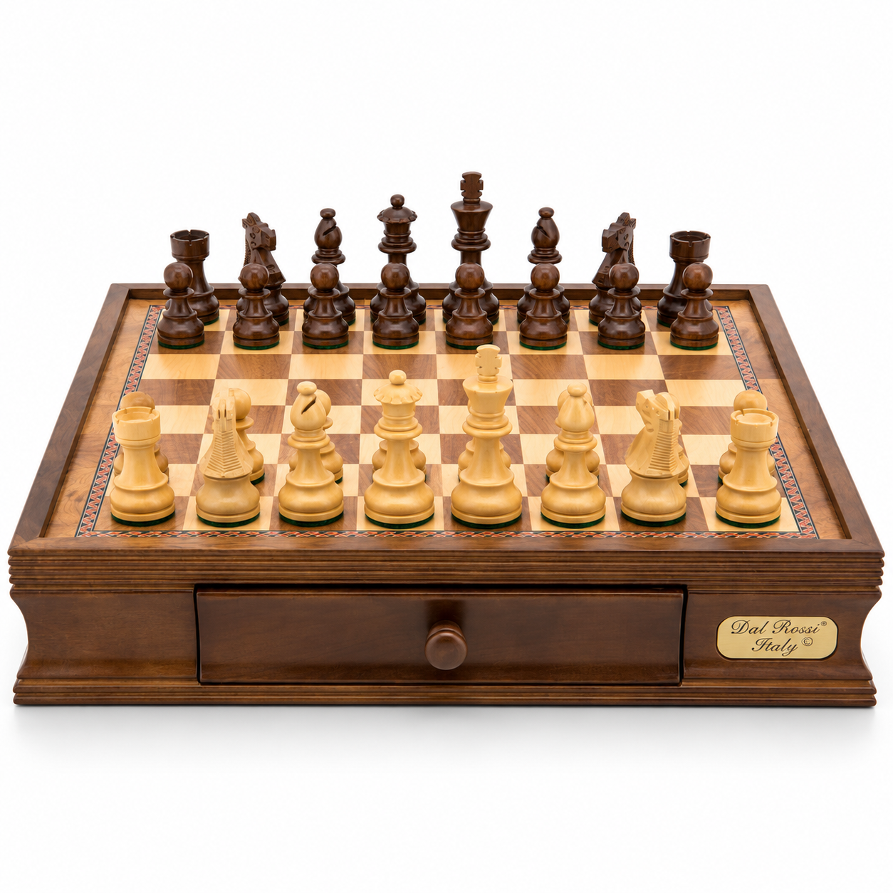 Dal Rossi Walnut 40cm Staunton Chess Set With Drawers, front view with pieces set up