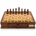Dal Rossi Walnut 40cm Staunton Chess Set With Drawers, front view with pieces set up