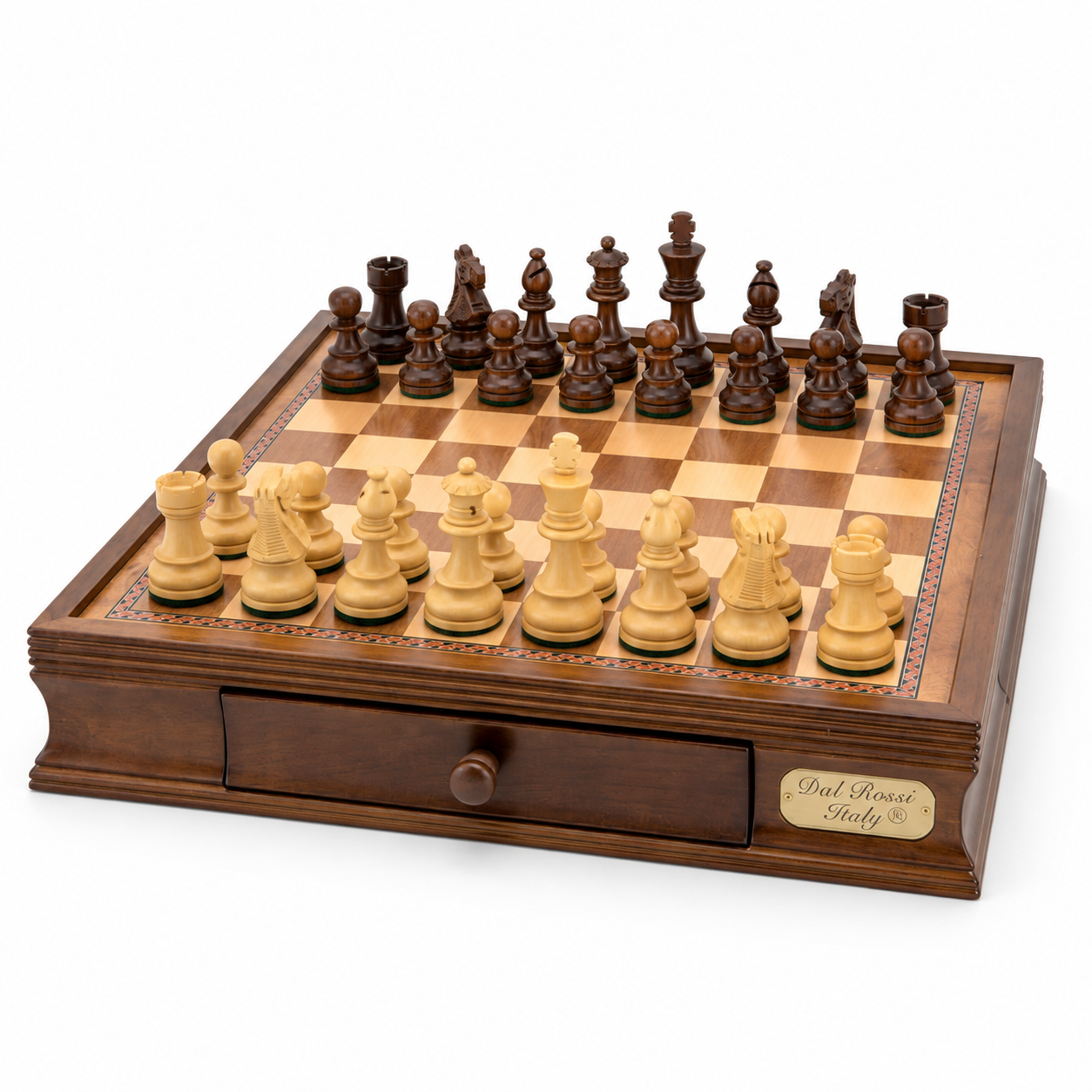 Dal Rossi 40cm walnut chess board with boxwood and sheesham Staunton pieces set up for play