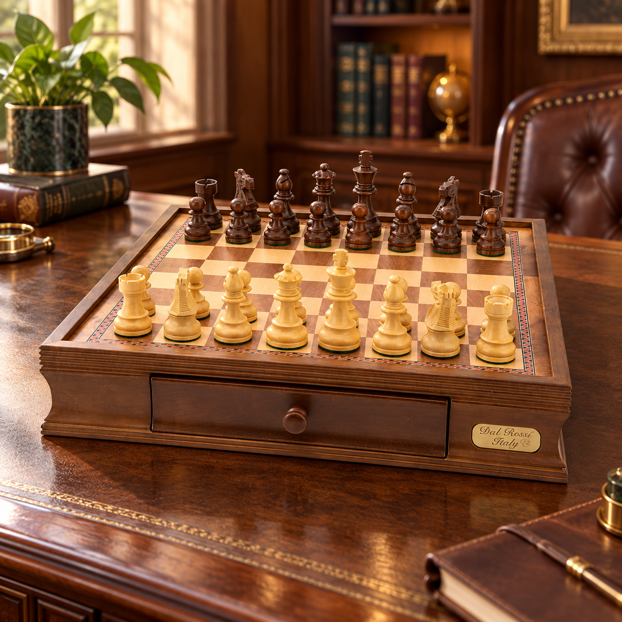 Dal Rossi walnut 40cm Staunton chess set with 85mm boxwood and sheesham pieces on a study desk