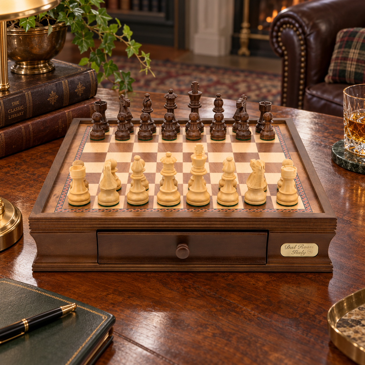 Dal Rossi walnut chess set with a storage drawer on a lounge room table