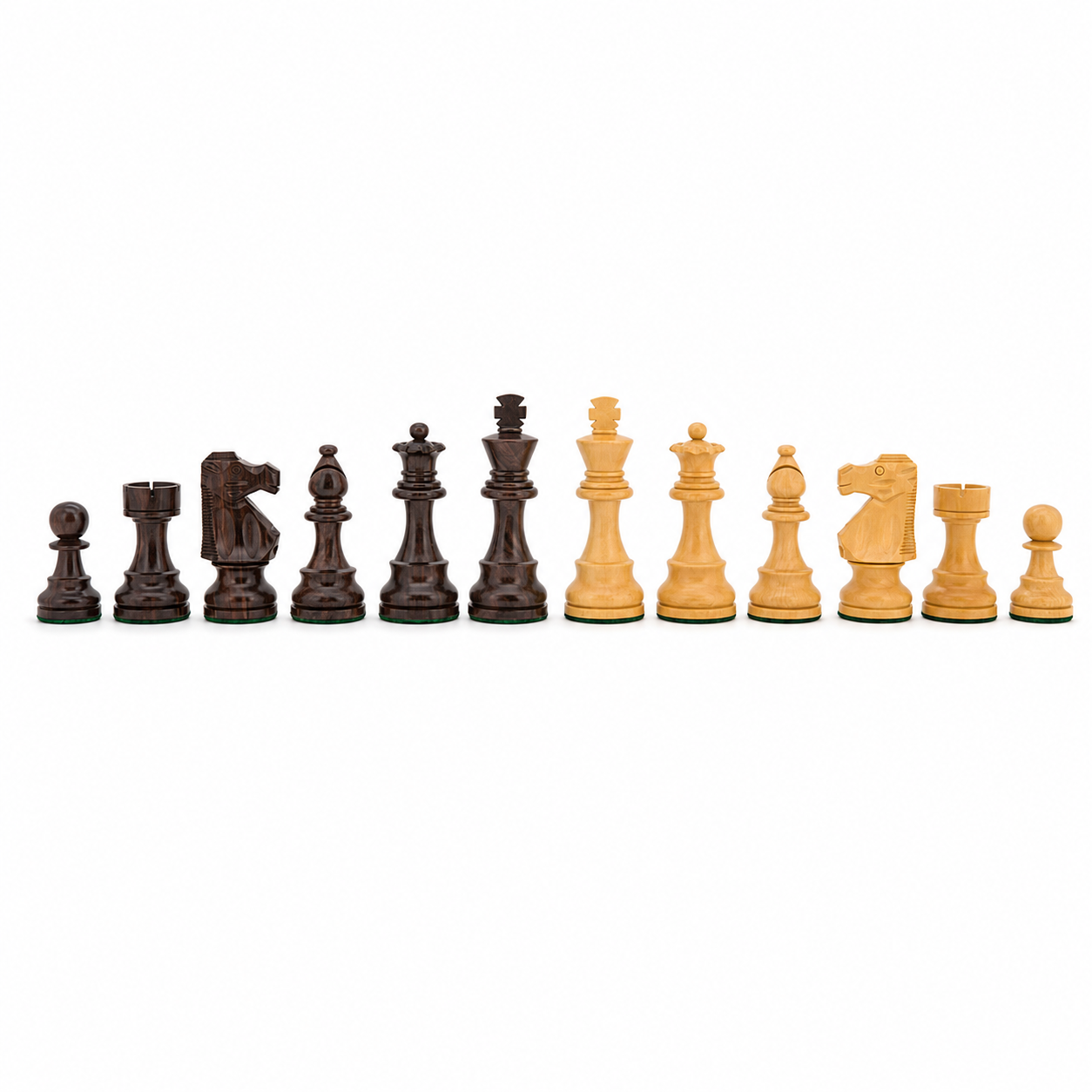 Full row of Dal Rossi boxwood and sheesham Staunton chess pieces