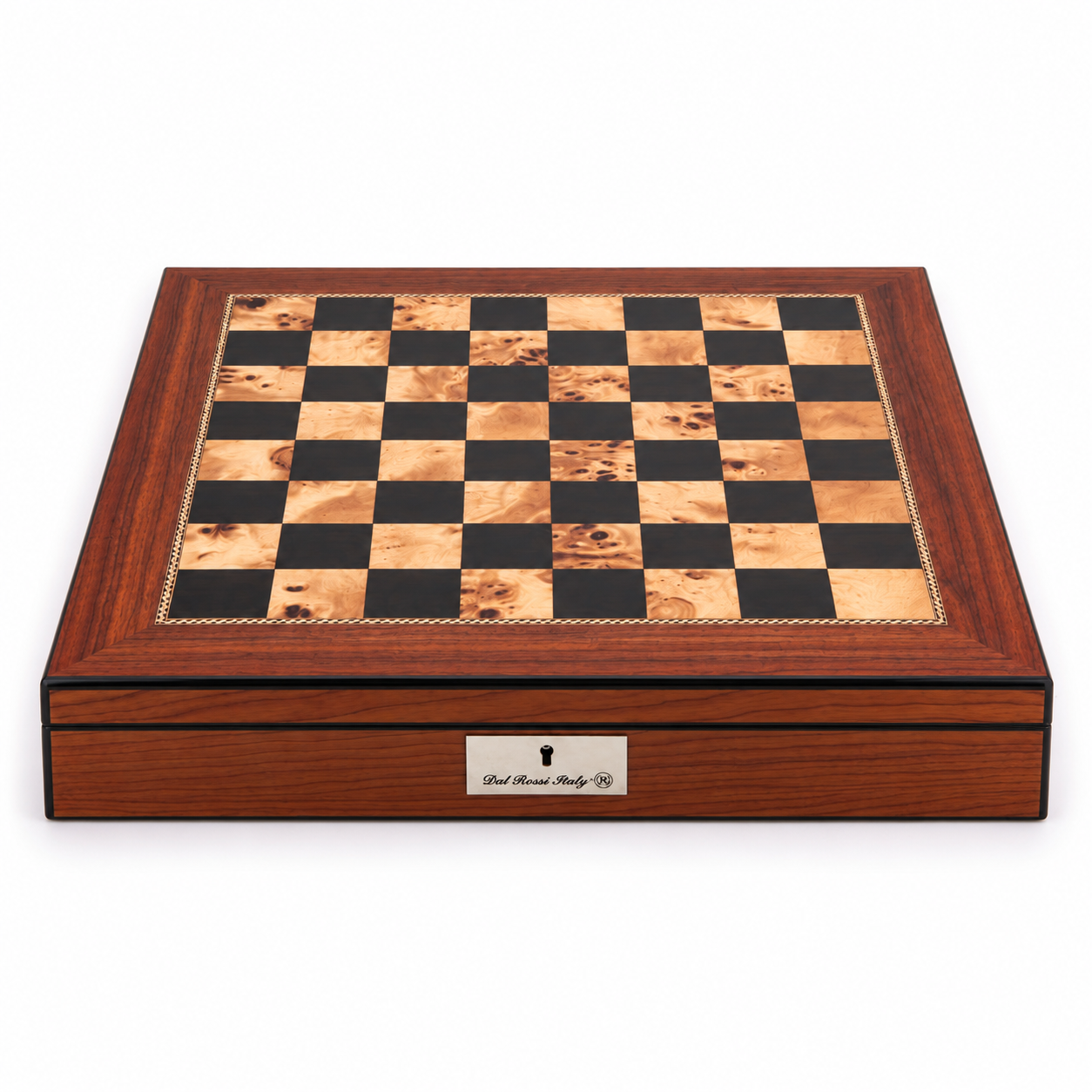 Dal Rossi walnut finish 50cm chess board with storage, front view with the Dal Rossi Italy plaque