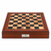 Dal Rossi walnut finish 50cm chess board with storage, front view with the Dal Rossi Italy plaque