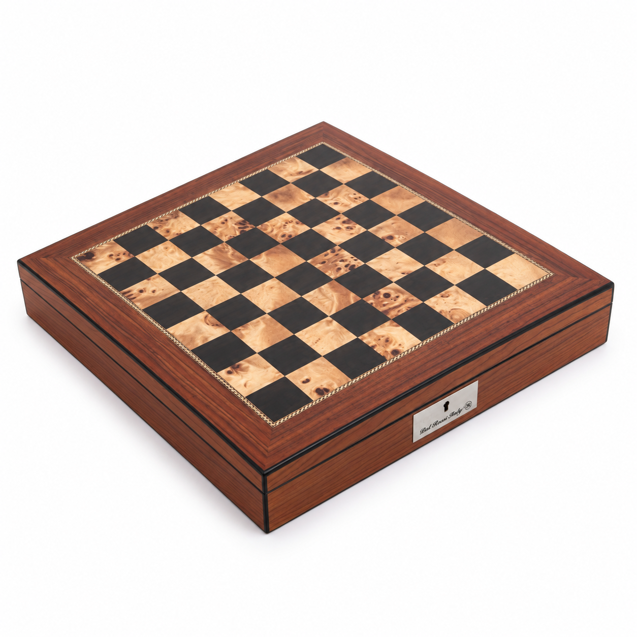 Dal Rossi walnut finish chess board with storage shown from a raised angle