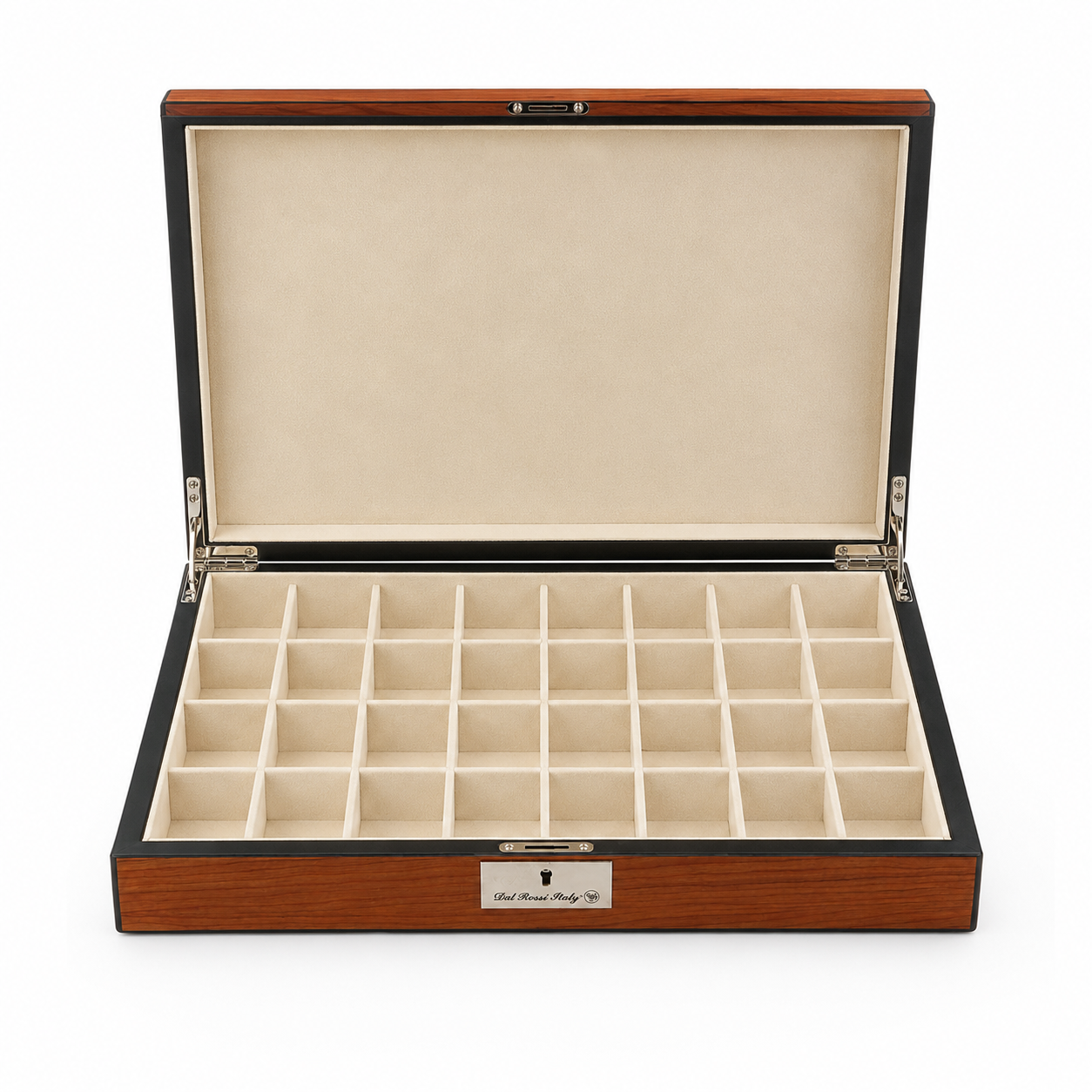 Dal Rossi chess box with the lid open showing the storage compartments for chess pieces