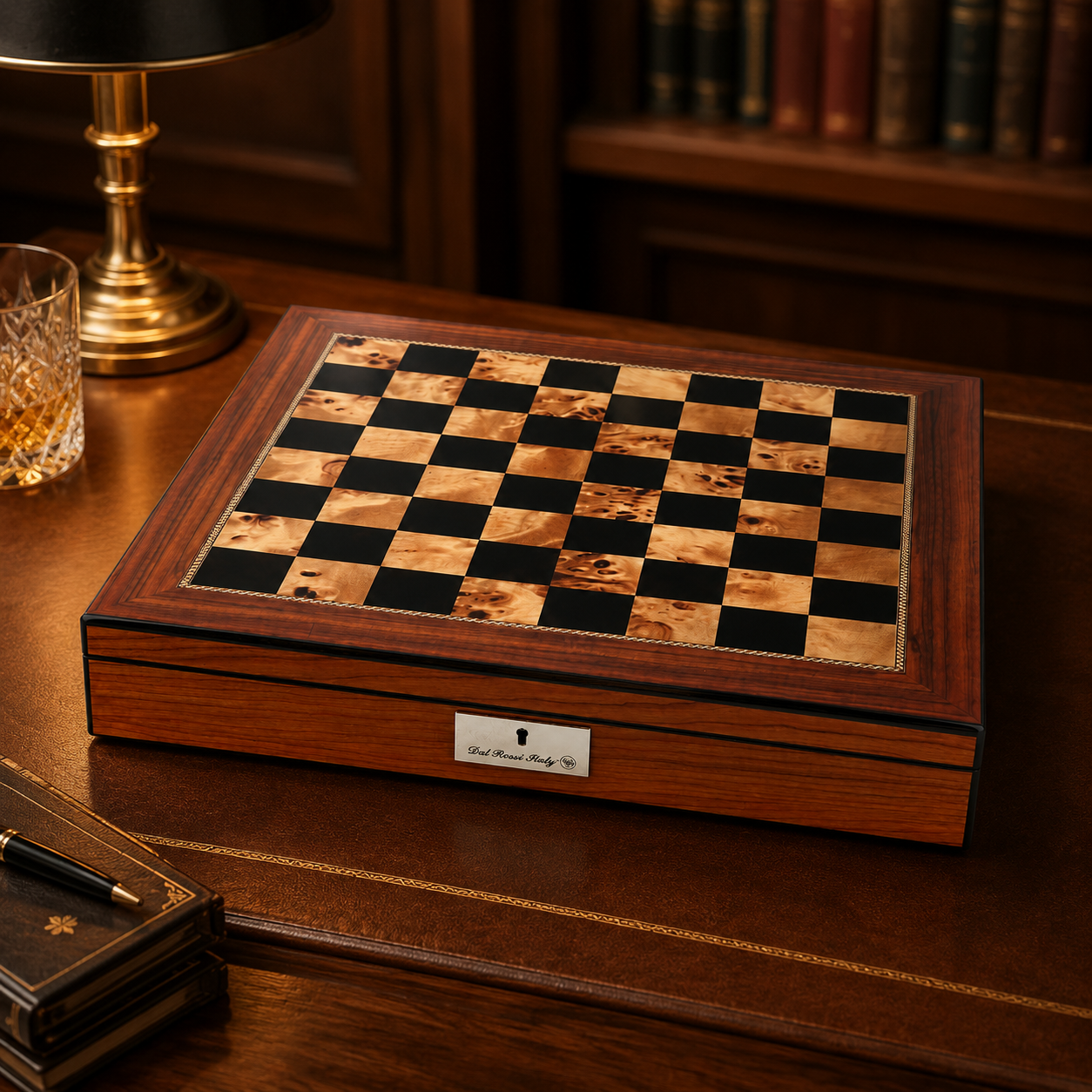 Dal Rossi walnut finish chess box on a leather-topped desk